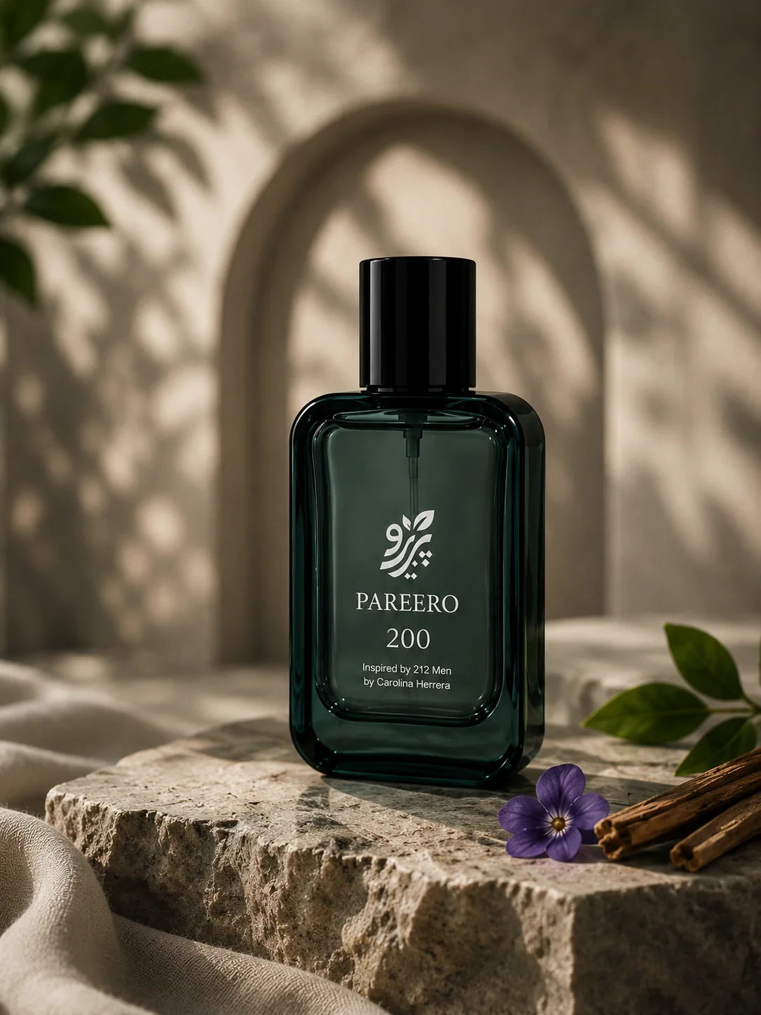 Pareero 200 inspired by 212 Men botanical lifestyle fragrance image with violet, woods, and green leaves