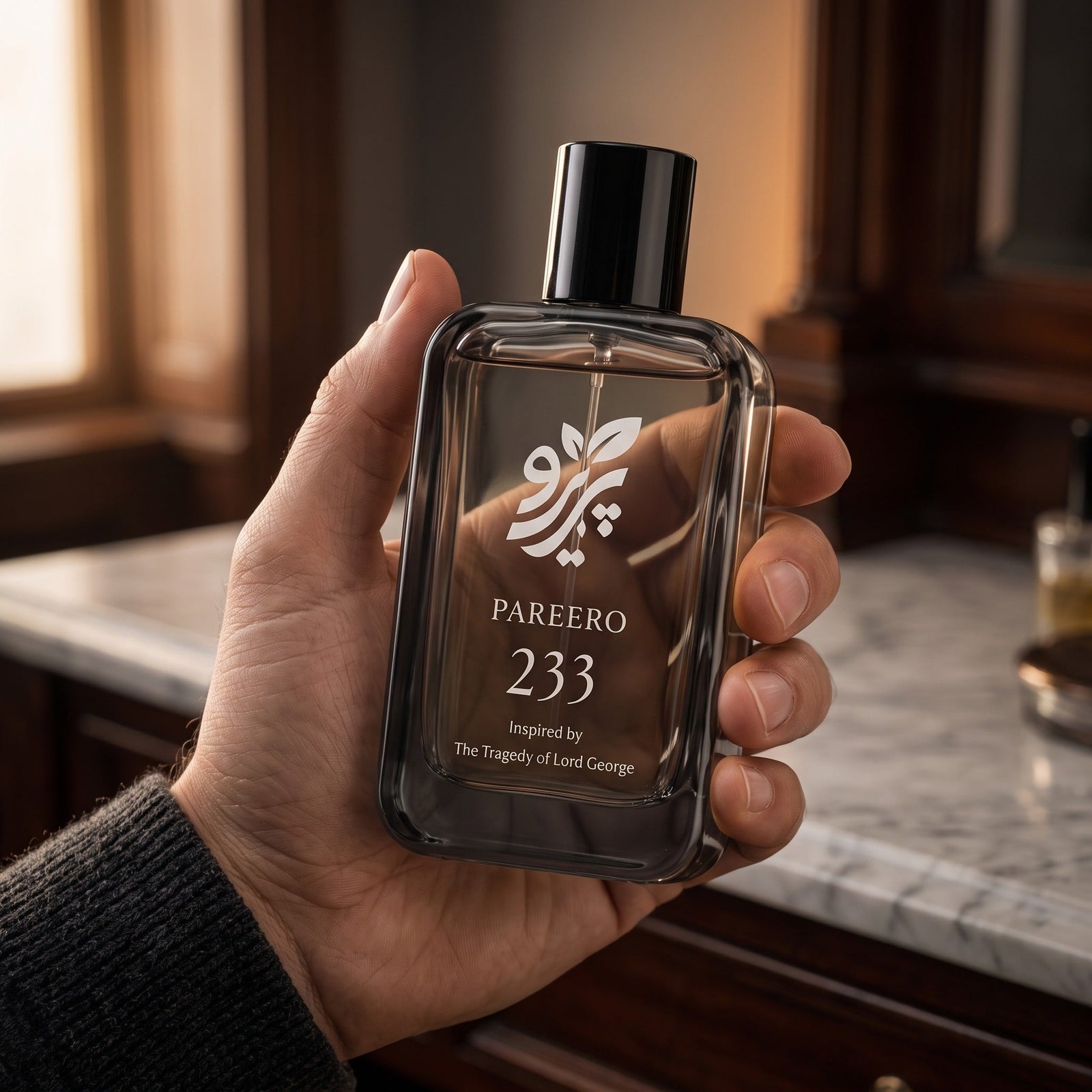 Pareero 233 inspired by The Tragedy of Lord George handheld lifestyle image showing bottle scale and masculine use
