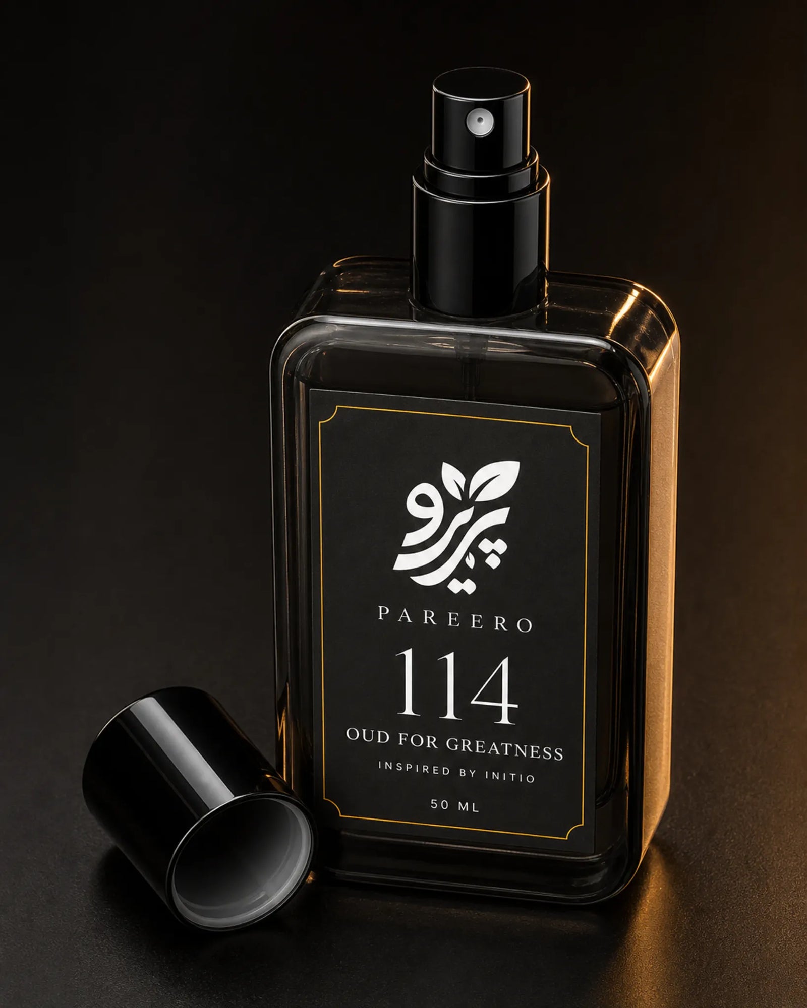 Pareero 114 inspired by Oud for Greatness close-up atomizer and bottle detail image