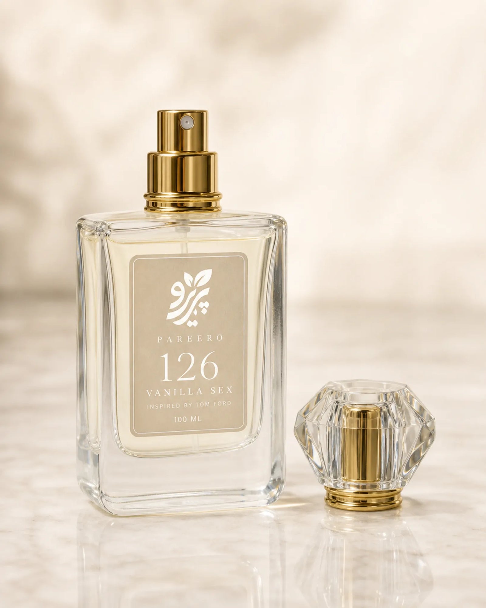 Pareero 126 inspired by Vanilla Sex close-up gold atomizer and crystal cap detail image