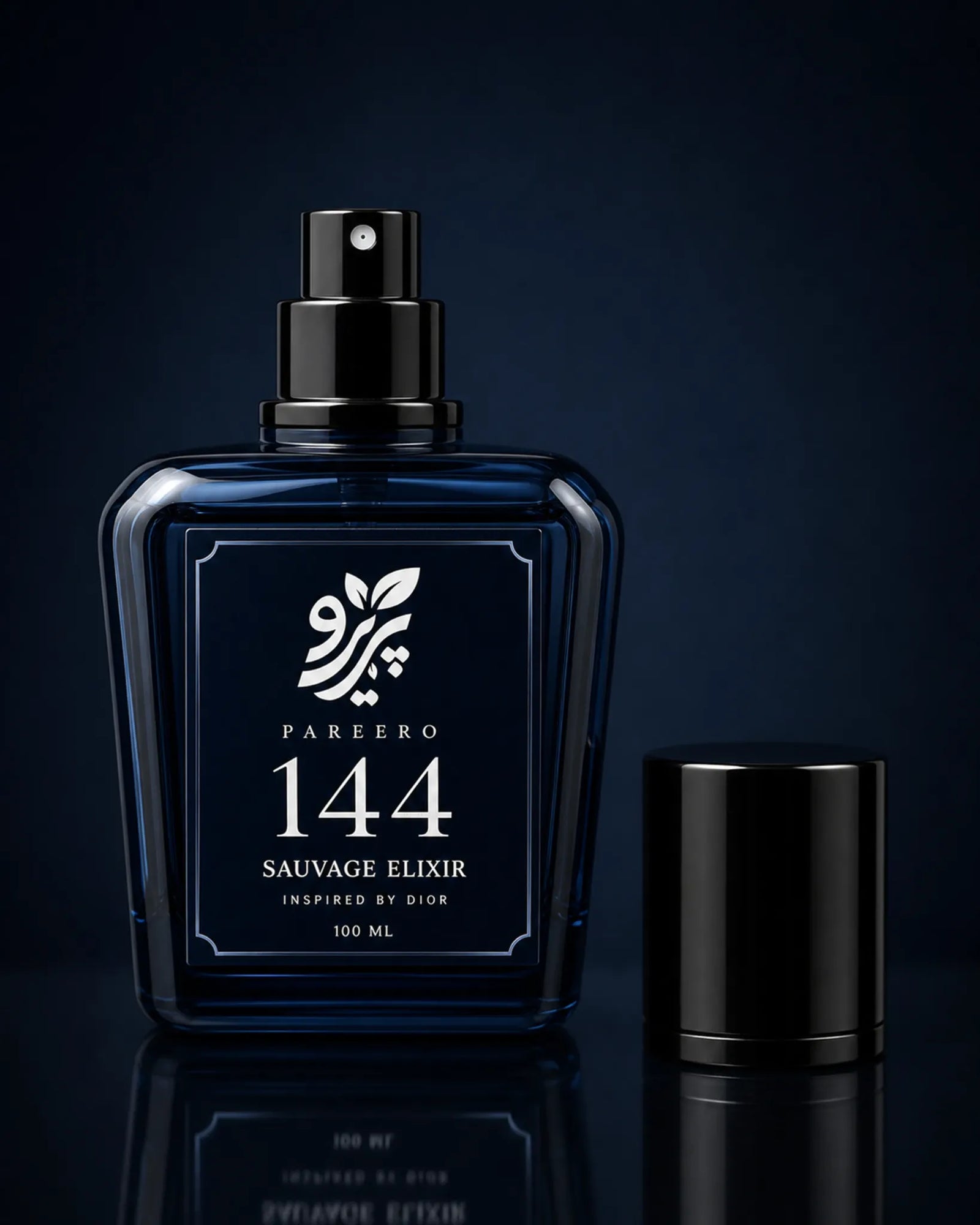 Pareero 144 inspired by Sauvage Elixir close-up atomizer and black cap detail image