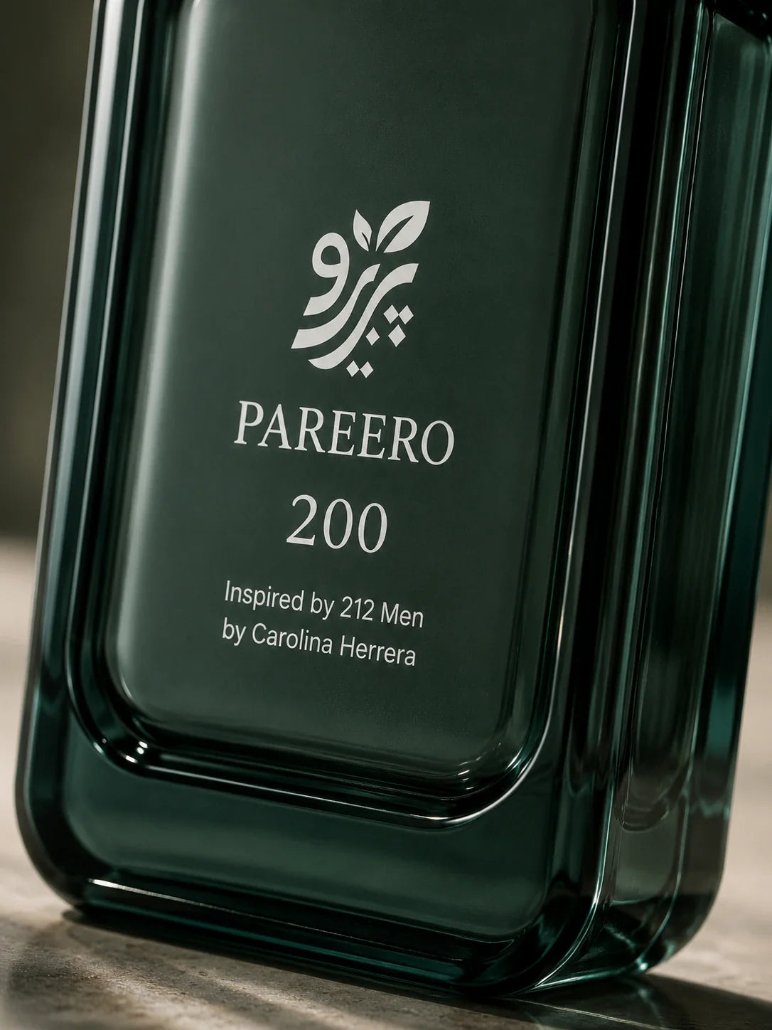 Pareero 200 inspired by 212 Men macro image showing the white logo, typography, and deep green glass