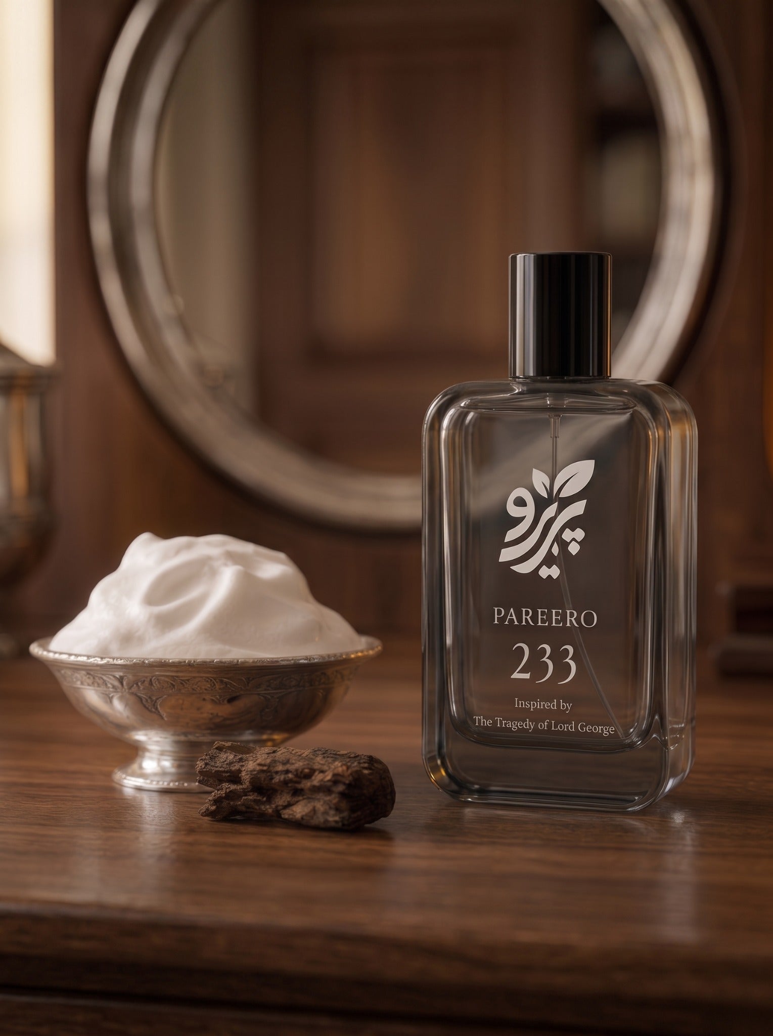Pareero 233 inspired by The Tragedy of Lord George scent story image with shaving soap and oud wood