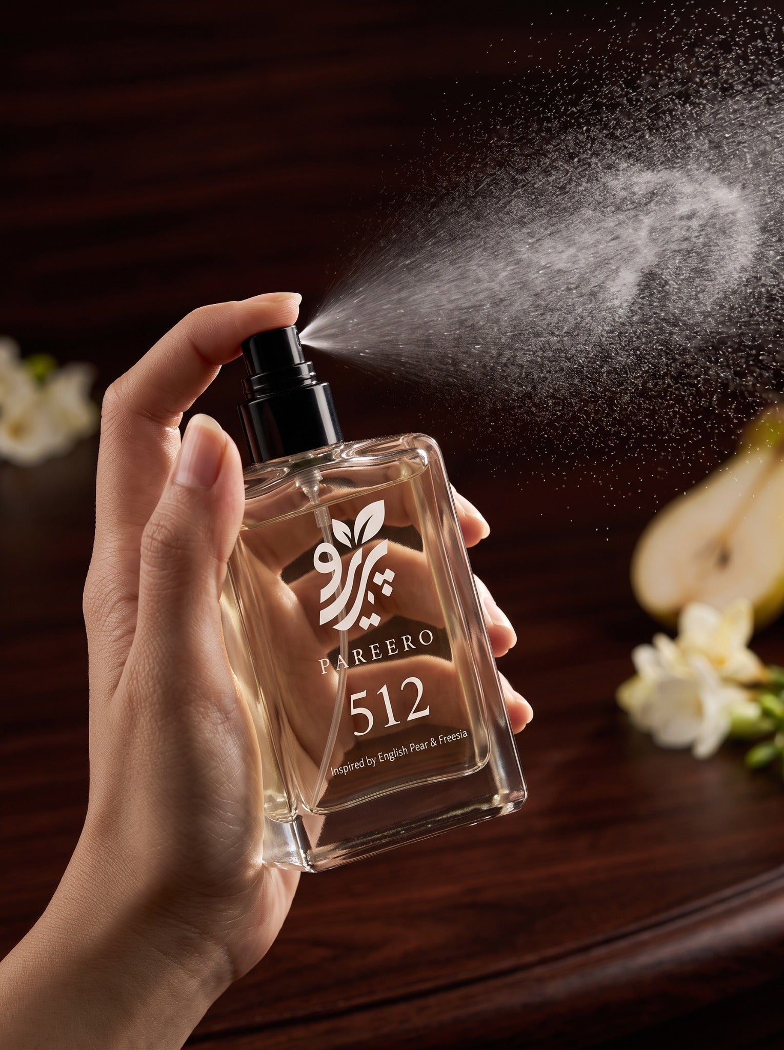 Pareero 512 English Pear and Freesia perfume spraying a fine fragrance mist