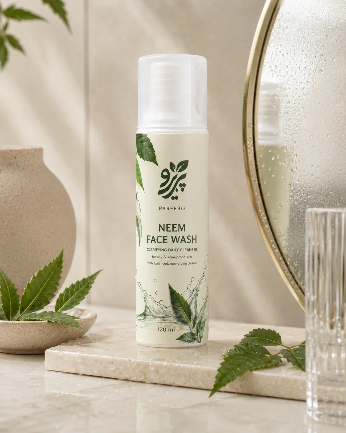 Pareero Neem Face Wash editorial vanity image with neem leaves and condensation
