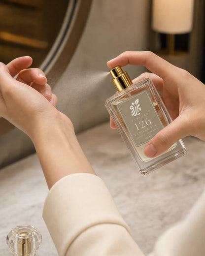 Woman applying Pareero 126 inspired by Vanilla Sex fragrance spray