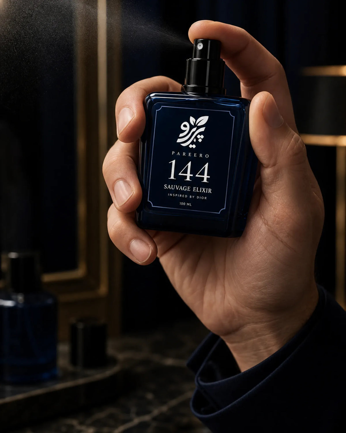 Man applying Pareero 144 inspired by Sauvage Elixir fragrance spray in a dark luxury setting