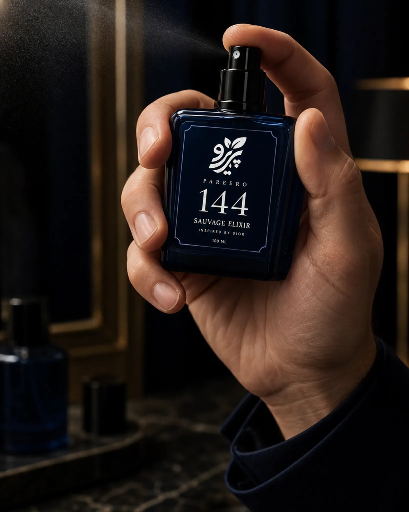 Man applying Pareero 144 inspired by Sauvage Elixir fragrance spray in a dark luxury setting
