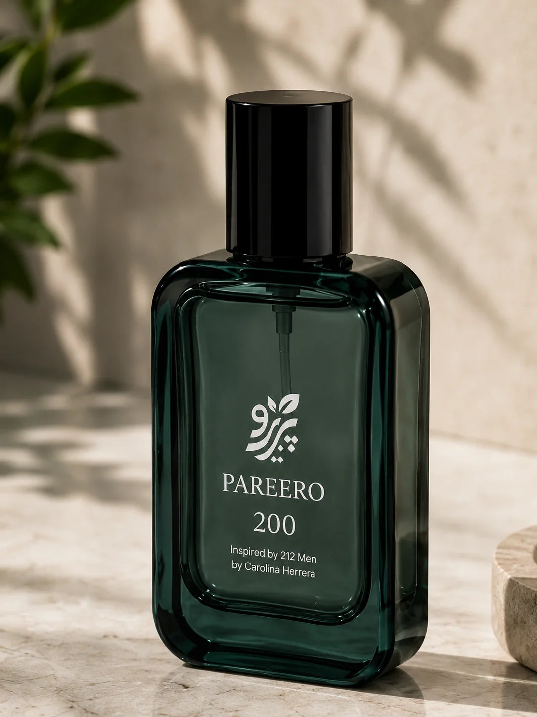 Pareero 200 inspired by 212 Men close studio fragrance image highlighting deep green glass and black cap