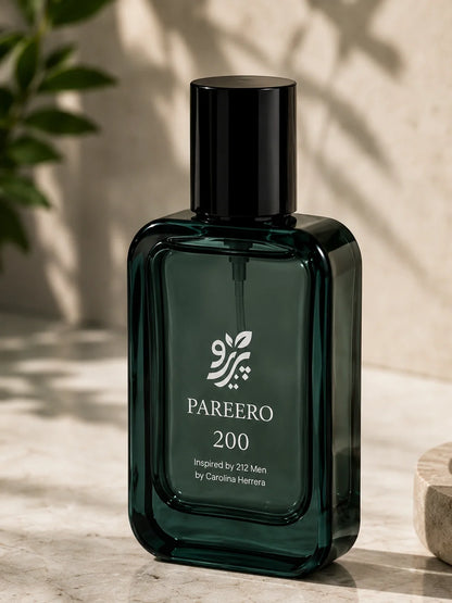 Pareero 200 inspired by 212 Men close studio fragrance image highlighting deep green glass and black cap