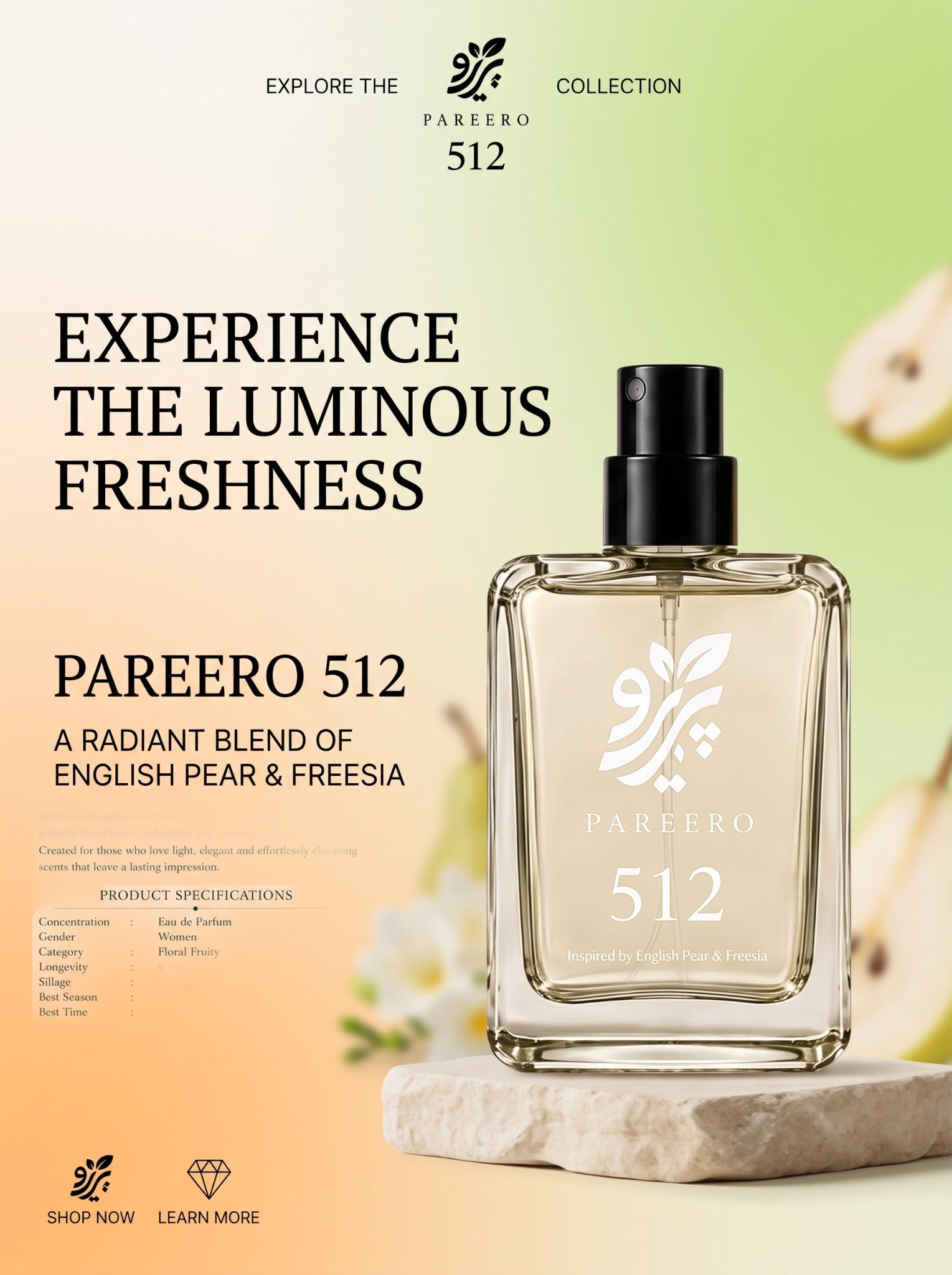 Pareero 512 English Pear and Freesia editorial fragrance advertisement and product overview
