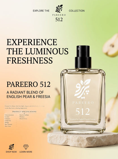 Pareero 512 English Pear and Freesia editorial fragrance advertisement and product overview