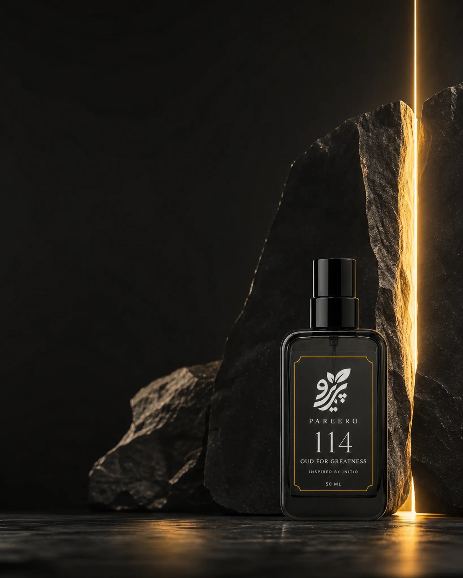 Pareero 114 inspired by Oud for Greatness editorial fragrance image with black stone and golden light