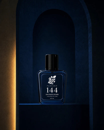 Pareero 144 inspired by Sauvage Elixir editorial fragrance image in a midnight blue arch with warm gold light