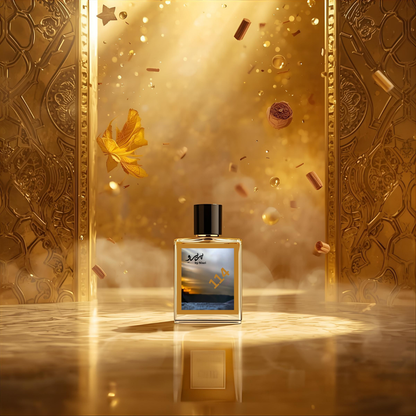 "114 – Inspired by Oud for Greatness by Initio, a powerful Arabian niche perfume featuring natural oud wood, saffron, nutmeg, patchouli, amber, and musk. Displayed in a dark black-and-gold luxury fragrance setting."