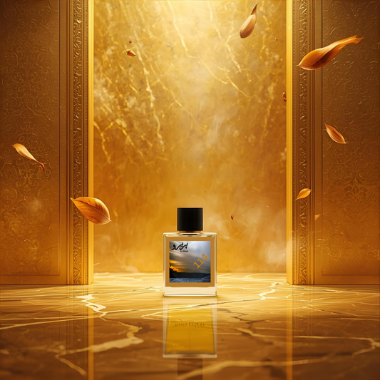 "114 – Inspired by Oud for Greatness by Initio, a powerful Arabian niche perfume featuring natural oud wood, saffron, nutmeg, patchouli, amber, and musk. Displayed in a dark black-and-gold luxury fragrance setting."
