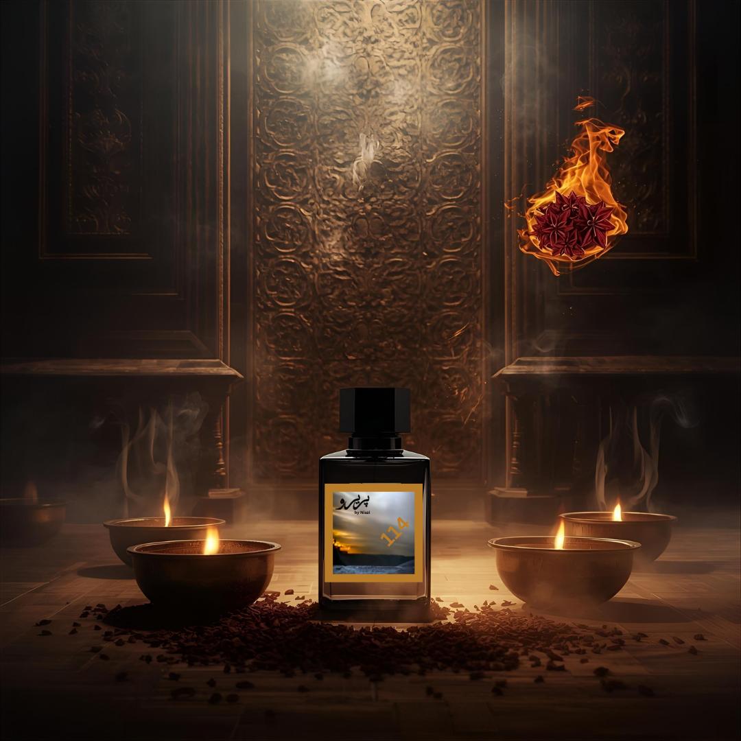 "114 – Inspired by Oud for Greatness by Initio, a powerful Arabian niche perfume featuring natural oud wood, saffron, nutmeg, patchouli, amber, and musk. Displayed in a dark black-and-gold luxury fragrance setting."