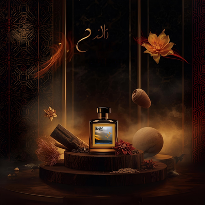 "114 – Inspired by Oud for Greatness by Initio, a powerful Arabian niche perfume featuring natural oud wood, saffron, nutmeg, patchouli, amber, and musk. Displayed in a dark black-and-gold luxury fragrance setting."