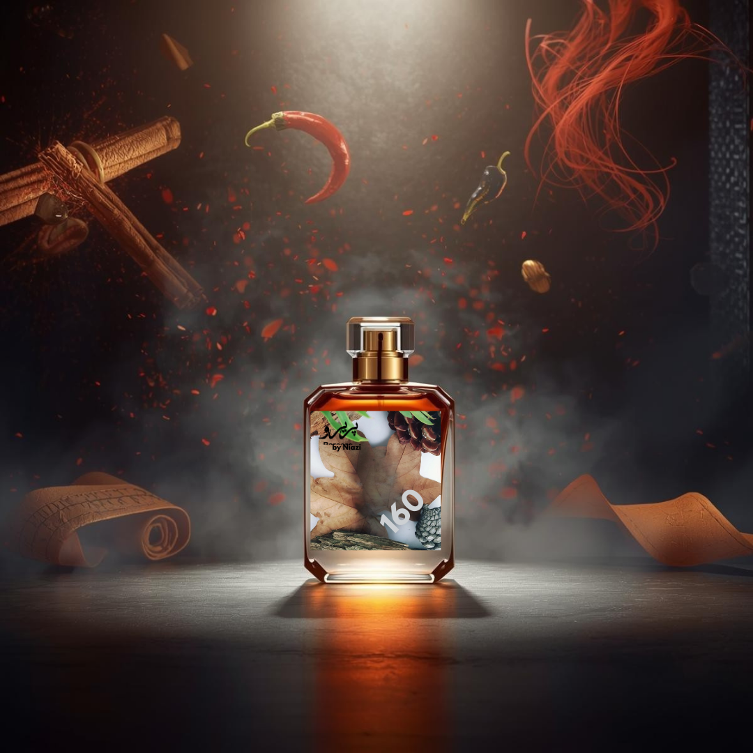 "160 – Inspired by Spicebomb by Viktor&Rolf, a long-lasting warm spicy men’s perfume featuring cinnamon, chili, saffron, leather, and tobacco notes. Displayed in a high-end masculine luxury perfume background."