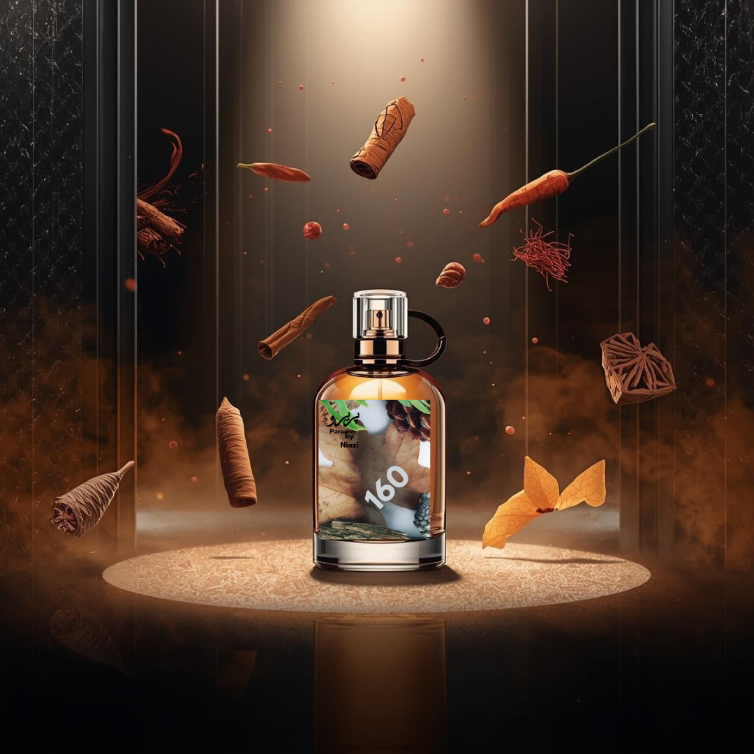 "160 – Inspired by Spicebomb by Viktor&Rolf, a long-lasting warm spicy men’s perfume featuring cinnamon, chili, saffron, leather, and tobacco notes. Displayed in a high-end masculine luxury perfume background."