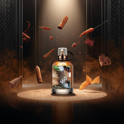 "160 – Inspired by Spicebomb by Viktor&Rolf, a long-lasting warm spicy men’s perfume featuring cinnamon, chili, saffron, leather, and tobacco notes. Displayed in a high-end masculine luxury perfume background."