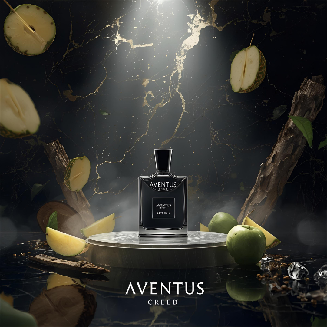 "Pareero Aventus-inspired luxury perfume with pineapple, birch wood, musk, and green apple notes, premium masculine fragrance bottle."