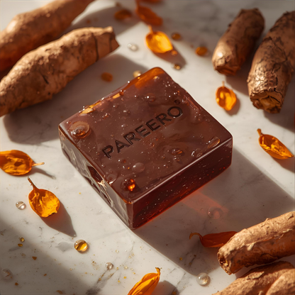 “Pareero Turmeric Soap – brightening organic bar with turmeric extract for glowing skin. Herbal turmeric soap with natural antioxidants – helps reduce spots and enhance skin tone”