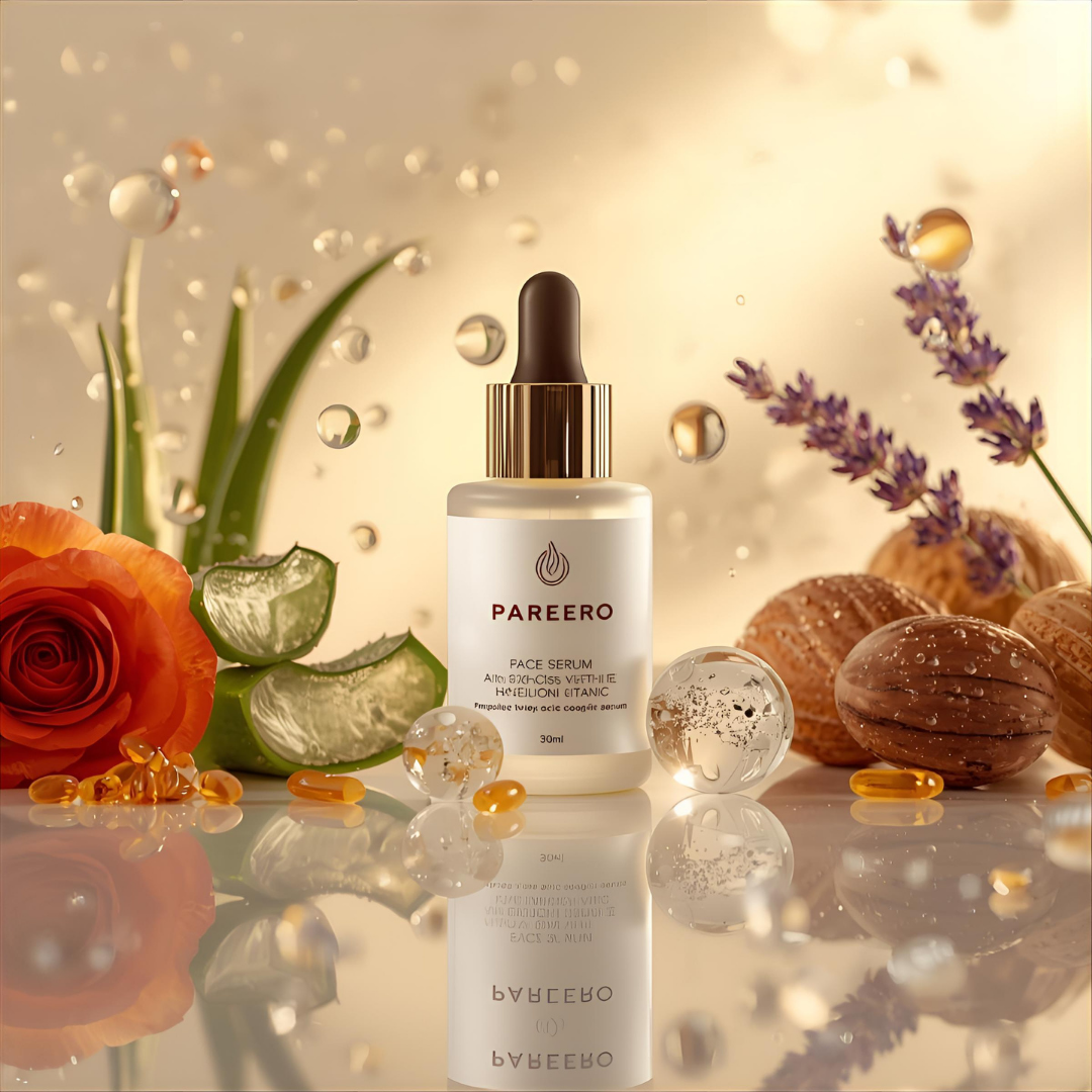 “Pareero Organic Face Serum with rosehip oil, aloe vera, jojoba, argan oil, lavender essential oil, vitamin E, and hyaluronic acid – natural glow and hydration.”