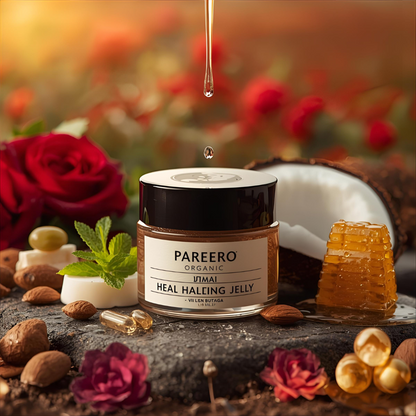 “Pareero Organic Healing Jelly – natural vegan multi-purpose skin balm with beeswax, coconut oil, almond oil, olive oil, rosehip oil, castor oil, and vitamin E.”