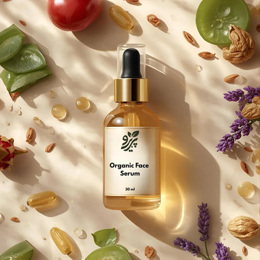 Pareero Organic Face Serum with rosehip oil, aloe vera, jojoba, argan oil, lavender essential oil, vitamin E, and hyaluronic acid – natural glow and hydration.