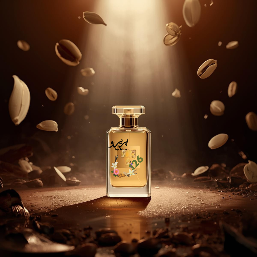"126 – Inspired by Vanilla Sex by Tom Ford, a premium feminine fragrance featuring creamy vanilla pods, warm tonka bean, soft caramel, amber, and delicate woody notes. Displayed in glossy dark chocolate and caramel-toned cinematic background, perfect for high-end perfume campaigns."