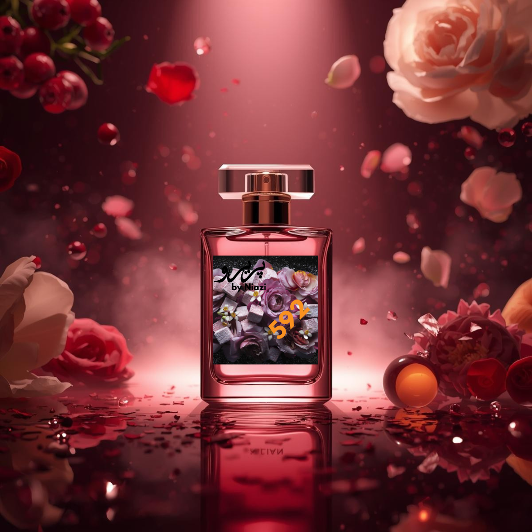 "592 – Inspired by Don’t Need A Prince by Kilian, a premium feminine fragrance featuring rich red berries, delicate floral notes of rose and peony, creamy vanilla, warm amber, and subtle musk. Displayed in a deep burgundy and ruby-toned cinematic background, perfect for high-end perfume campaigns."