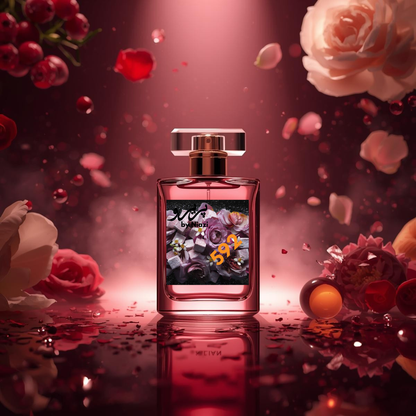 "592 – Inspired by Don’t Need A Prince by Kilian, a premium feminine fragrance featuring rich red berries, delicate floral notes of rose and peony, creamy vanilla, warm amber, and subtle musk. Displayed in a deep burgundy and ruby-toned cinematic background, perfect for high-end perfume campaigns."