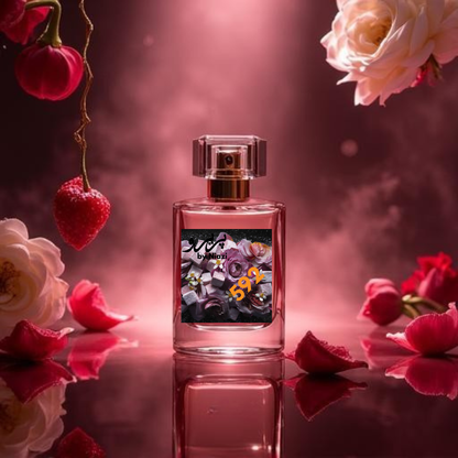 "592 – Inspired by Don’t Need A Prince by Kilian, a premium feminine fragrance featuring rich red berries, delicate floral notes of rose and peony, creamy vanilla, warm amber, and subtle musk. Displayed in a deep burgundy and ruby-toned cinematic background, perfect for high-end perfume campaigns."