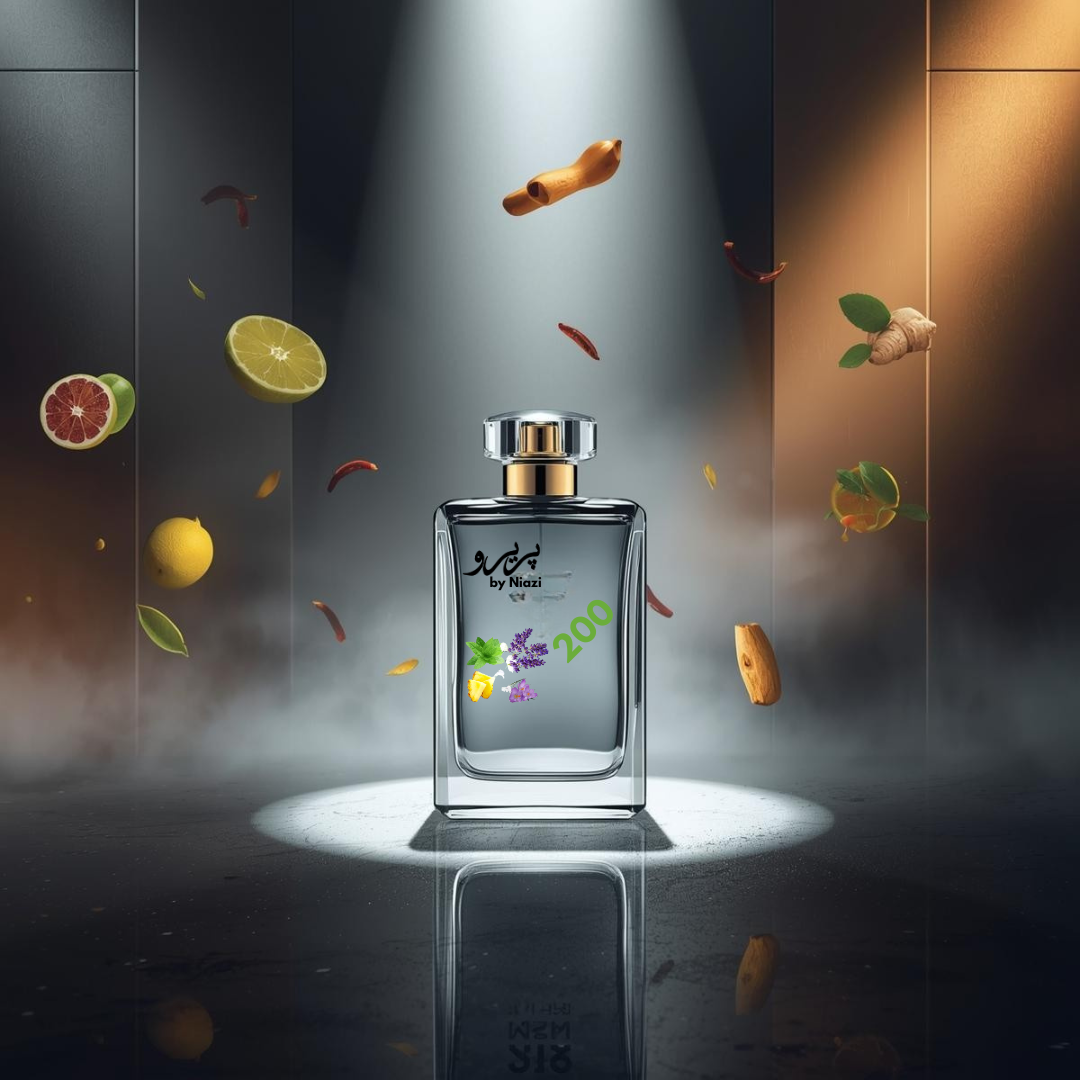 "200 – Inspired by 212 Men by Carolina Herrera, a premium masculine fragrance featuring fresh citrus and bergamot, spicy ginger and cardamom, warm cedarwood and amber, and subtle musk notes. Displayed in a reflective metallic and modern cinematic background, perfect for high-end perfume campaigns."