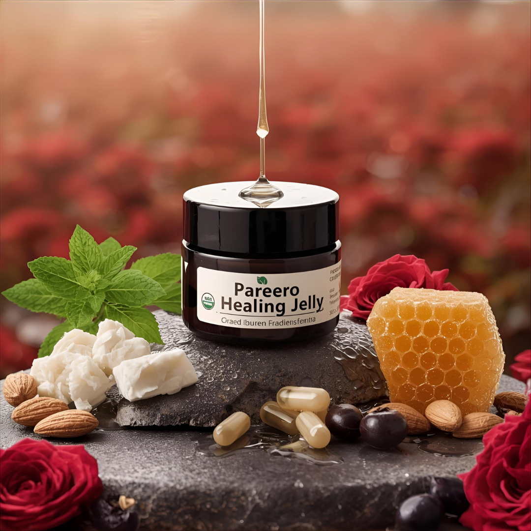 “Pareero Organic Healing Jelly – natural vegan multi-purpose skin balm with beeswax, coconut oil, almond oil, olive oil, rosehip oil, castor oil, and vitamin E.”