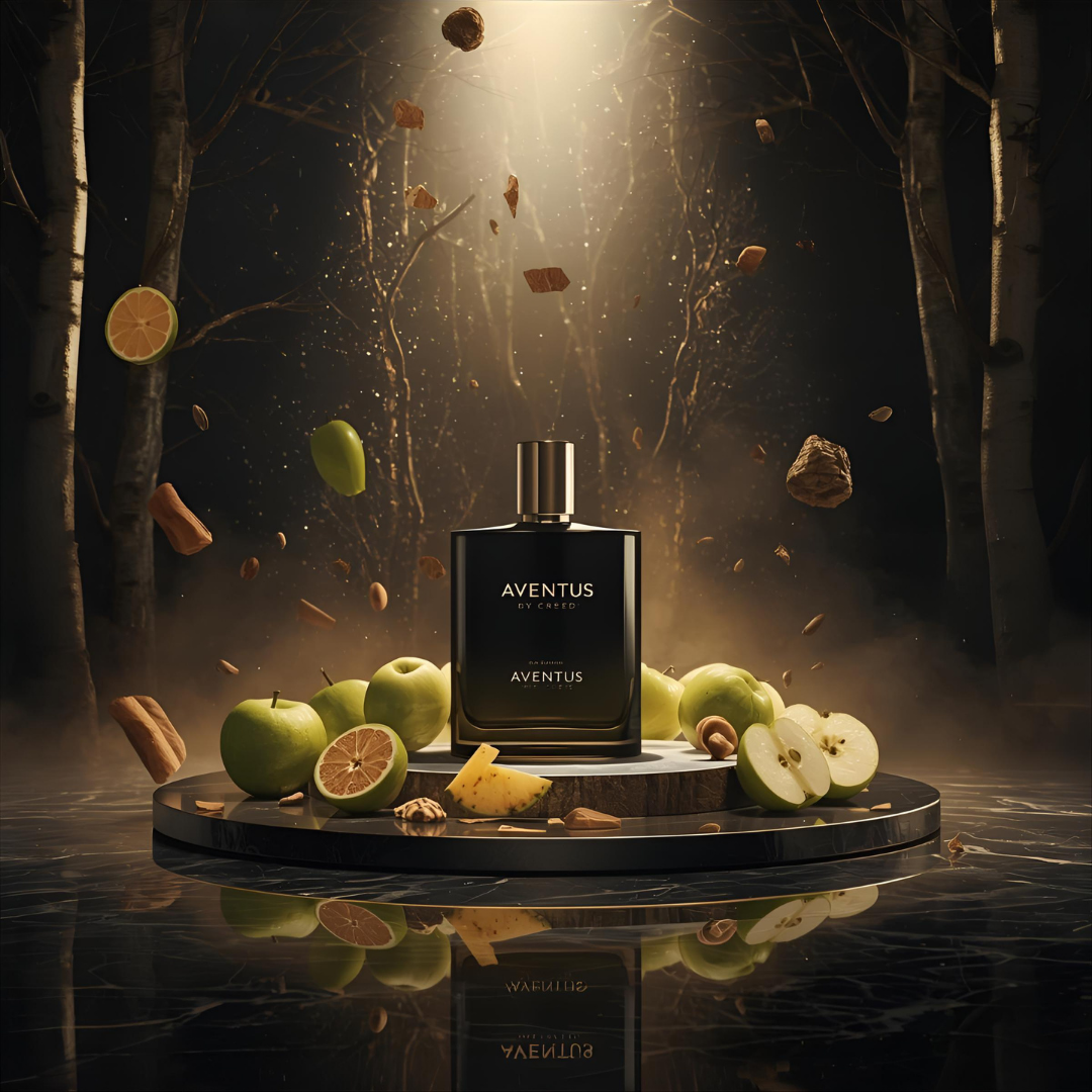 "Pareero Aventus-inspired luxury perfume with pineapple, birch wood, musk, and green apple notes, premium masculine fragrance bottle."