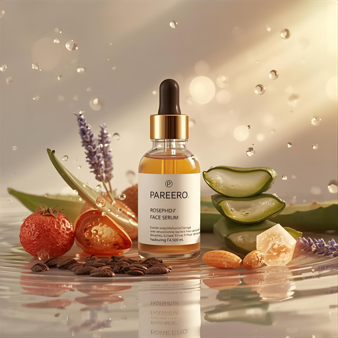 “Pareero Organic Face Serum with rosehip oil, aloe vera, jojoba, argan oil, lavender essential oil, vitamin E, and hyaluronic acid – natural glow and hydration.”