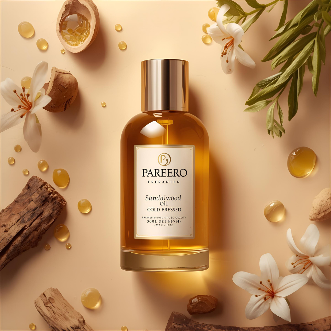 Pareero Sandalwood Oil Cold Pressed 50ml — 100% pure and natural oil for moisturizing, soothing, and rejuvenating skin, reducing blemishes and fine lines, calming irritation, and promoting healthy, radiant skin. Premium cold-pressed formula ideal for skincare, haircare, and body care.