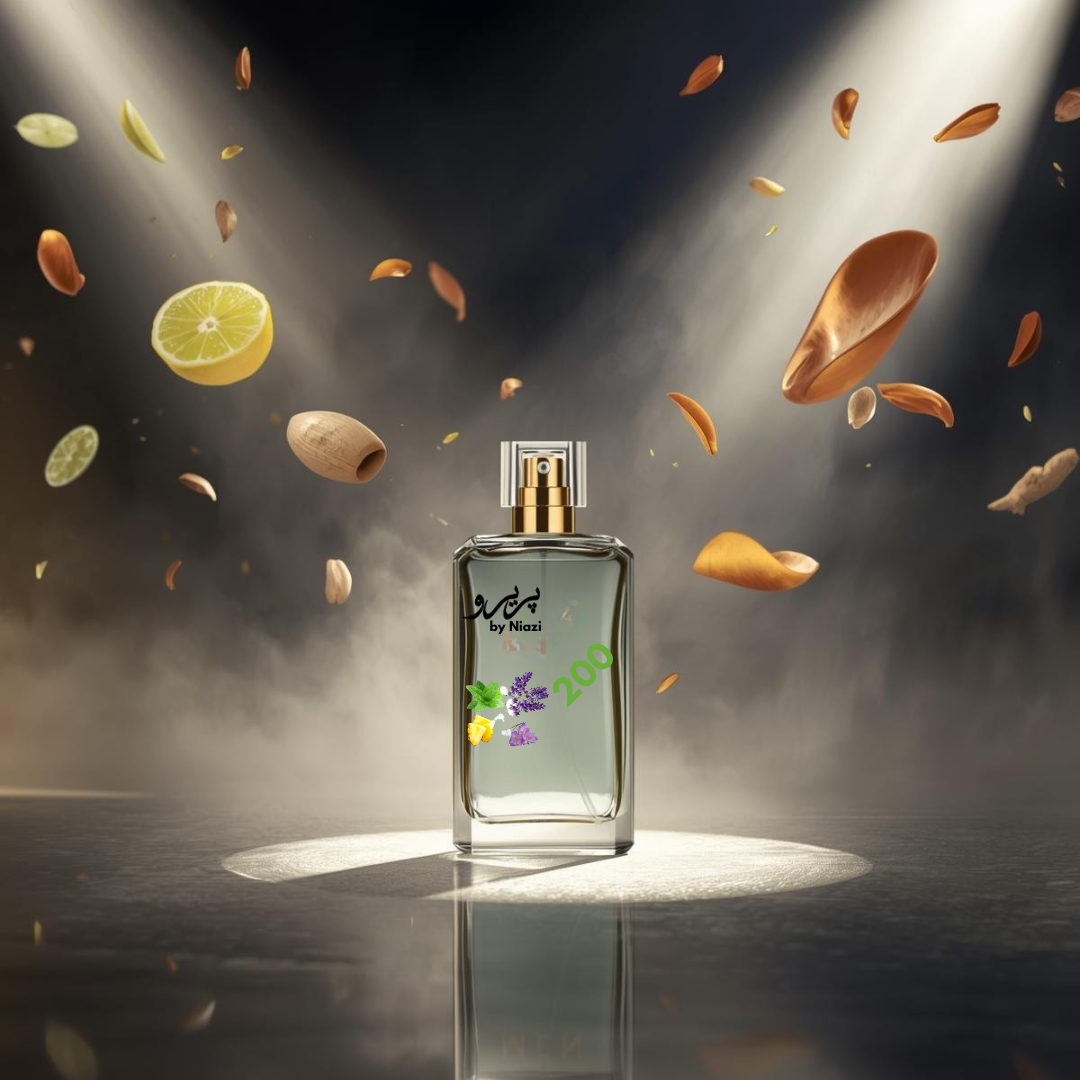"200 – Inspired by 212 Men by Carolina Herrera, a premium masculine fragrance featuring fresh citrus and bergamot, spicy ginger and cardamom, warm cedarwood and amber, and subtle musk notes. Displayed in a reflective metallic and modern cinematic background, perfect for high-end perfume campaigns."
