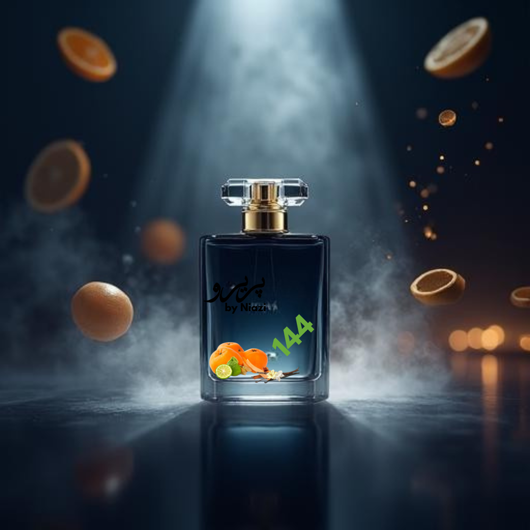 "144 – Inspired by Sauvage Elixir by Dior, a premium masculine fragrance featuring fresh bergamot and grapefruit, spicy star anise, warm amber, rich vanilla, and subtle woody accents. Displayed in a deep midnight blue and black cinematic background, perfect for high-end perfume campaigns."