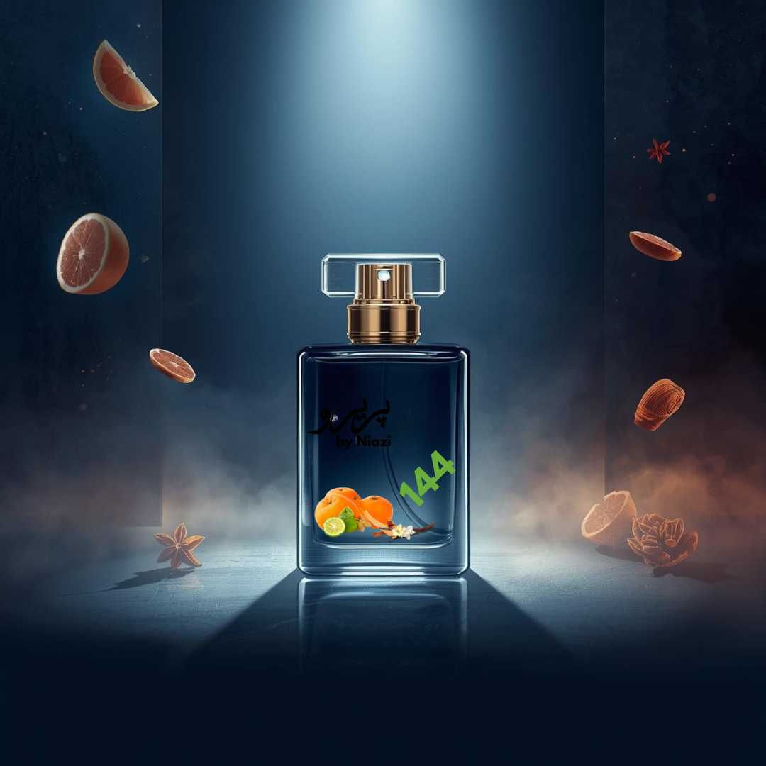 "144 – Inspired by Sauvage Elixir by Dior, a premium masculine fragrance featuring fresh bergamot and grapefruit, spicy star anise, warm amber, rich vanilla, and subtle woody accents. Displayed in a deep midnight blue and black cinematic background, perfect for high-end perfume campaigns."