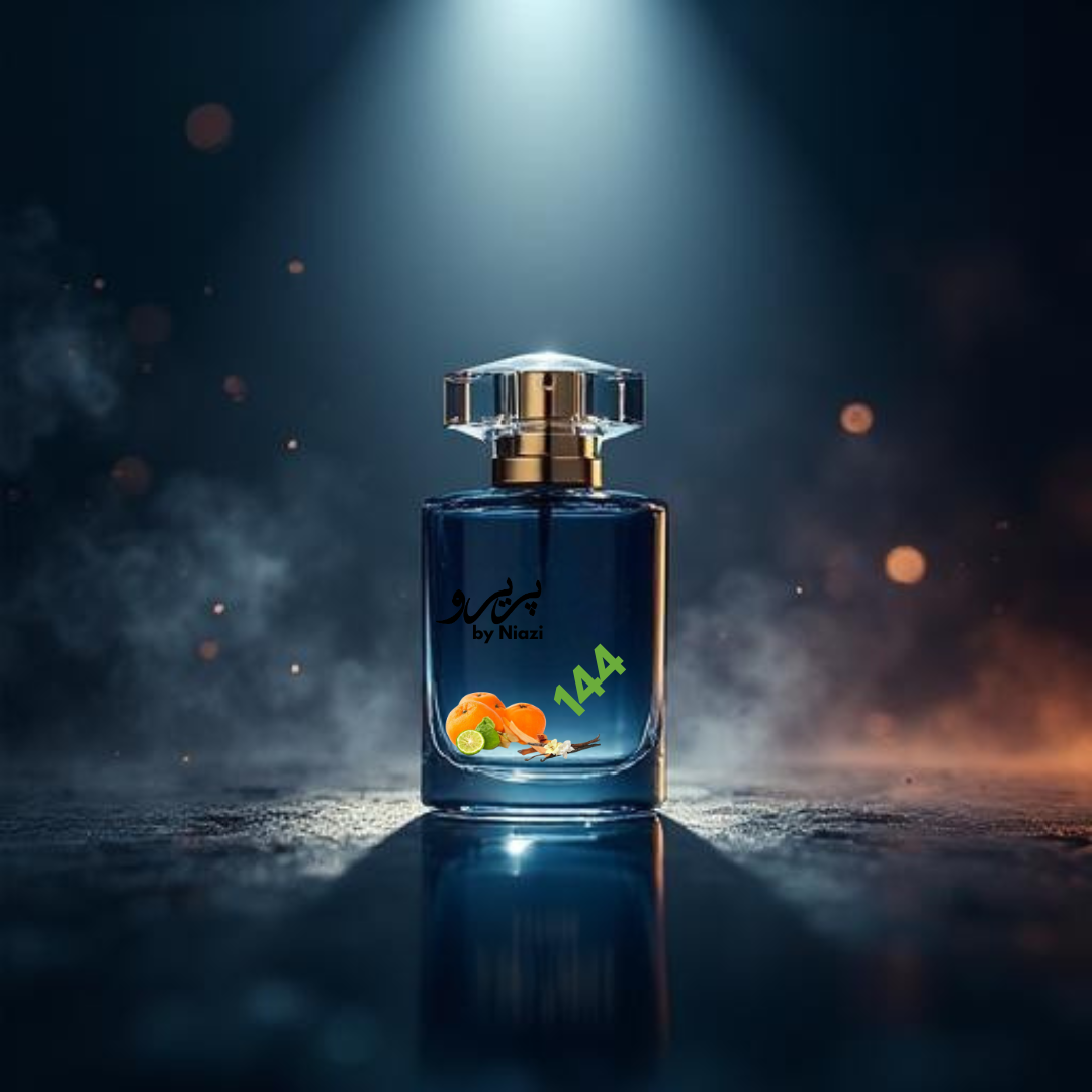 "144 – Inspired by Sauvage Elixir by Dior, a premium masculine fragrance featuring fresh bergamot and grapefruit, spicy star anise, warm amber, rich vanilla, and subtle woody accents. Displayed in a deep midnight blue and black cinematic background, perfect for high-end perfume campaigns."