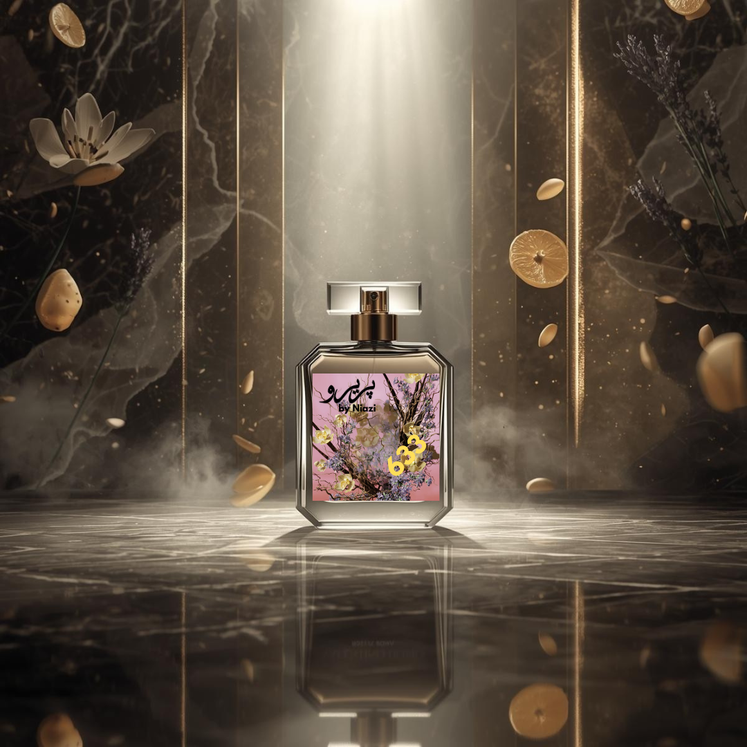 "633 – Inspired by Valentino Uomo Born in Roma, a premium masculine fragrance featuring fresh bergamot and mandarin, floral lavender and violet, creamy tonka bean, vanilla, and soft woody notes. Displayed in a reflective marble and metallic cinematic background, perfect for high-end perfume campaigns."