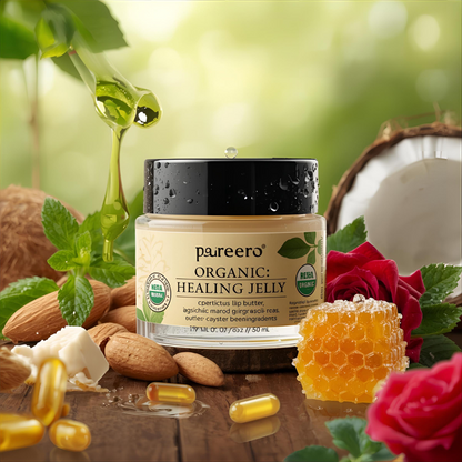 “Pareero Organic Healing Jelly – natural vegan multi-purpose skin balm with beeswax, coconut oil, almond oil, olive oil, rosehip oil, castor oil, and vitamin E.”