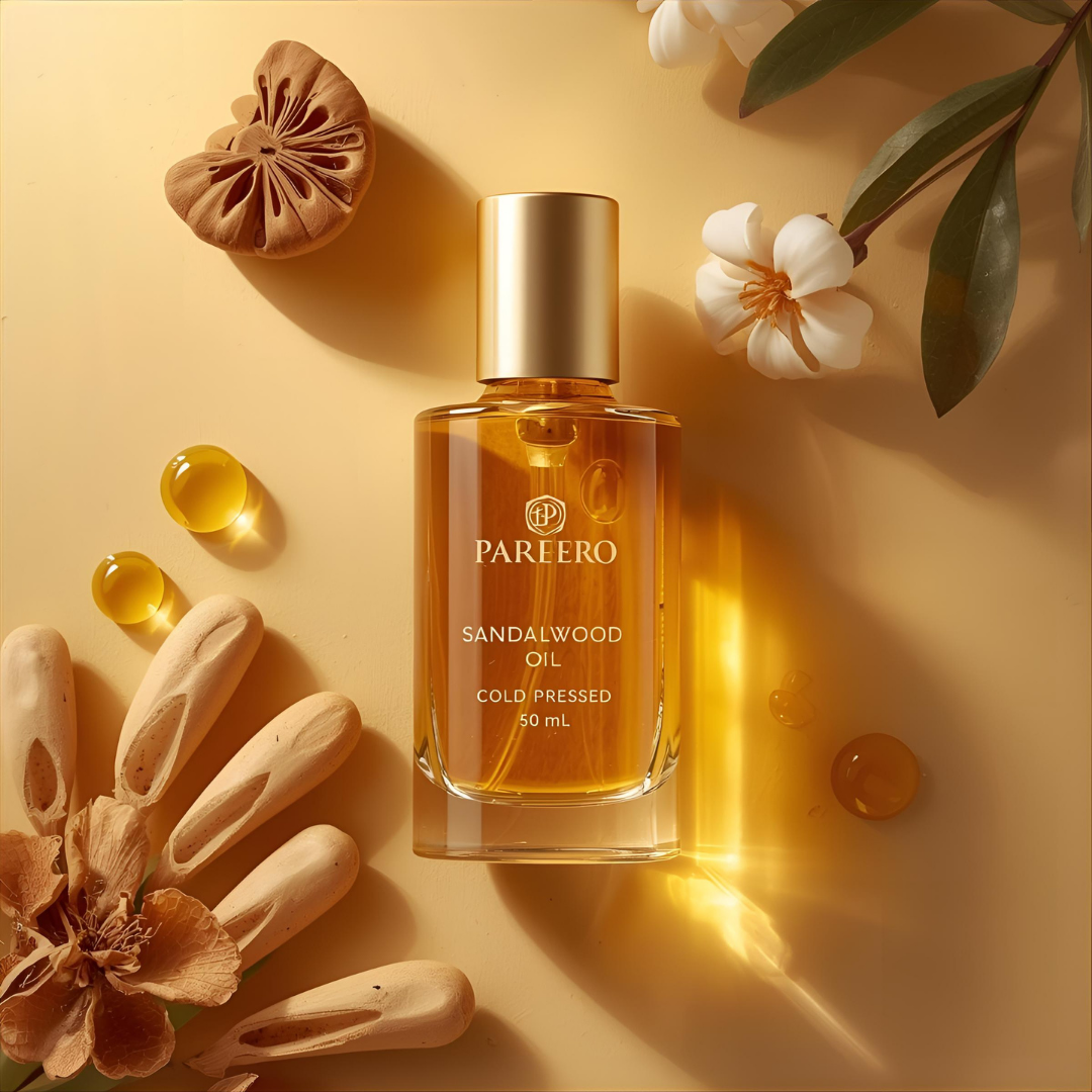 Pareero Sandalwood Oil Cold Pressed 50ml — 100% pure and natural oil for moisturizing, soothing, and rejuvenating skin, reducing blemishes and fine lines, calming irritation, and promoting healthy, radiant skin. Premium cold-pressed formula ideal for skincare, haircare, and body care.