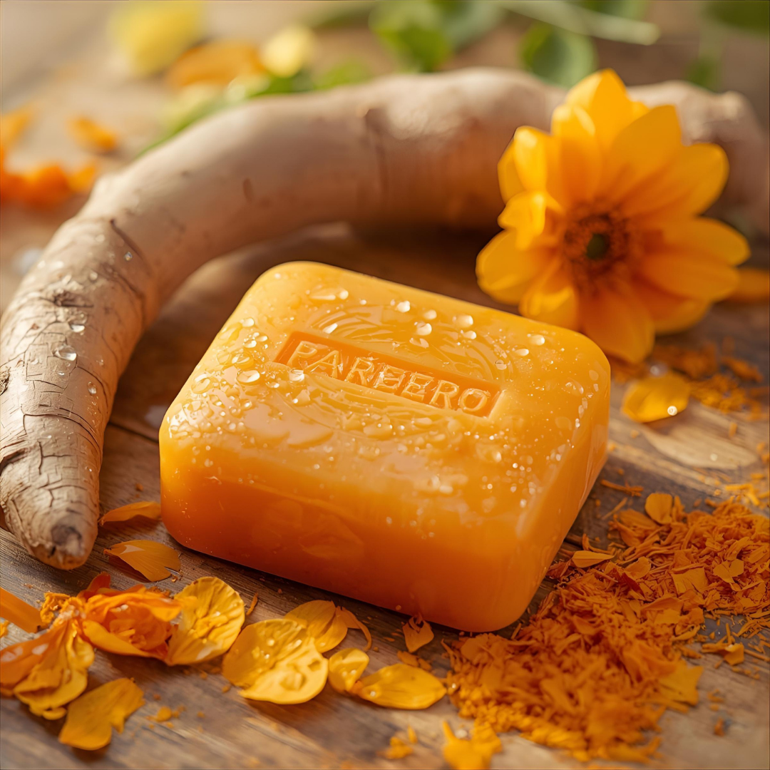 “Pareero Turmeric Soap – brightening organic bar with turmeric extract for glowing skin. Herbal turmeric soap with natural antioxidants – helps reduce spots and enhance skin tone”