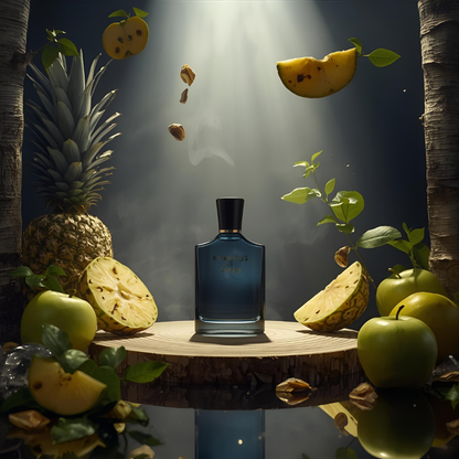 "Pareero Aventus-inspired luxury perfume with pineapple, birch wood, musk, and green apple notes, premium masculine fragrance bottle."