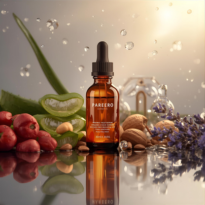 “Pareero Organic Face Serum with rosehip oil, aloe vera, jojoba, argan oil, lavender essential oil, vitamin E, and hyaluronic acid – natural glow and hydration.”