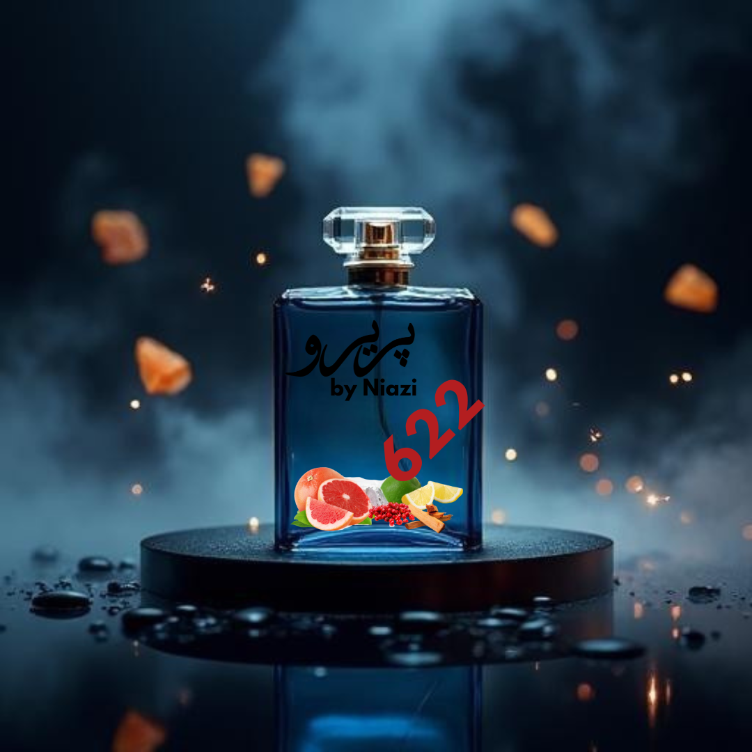 "622 – Inspired by Bleu de Chanel, a premium masculine fragrance featuring fresh citrus, grapefruit, aromatic lavender and mint, warm sandalwood, cedar, and subtle musk notes. Displayed in a deep midnight blue cinematic background, perfect for high-end perfume campaigns."
